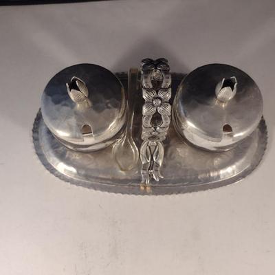 Vintage Pressed Metal and Glass Condiment Caddy