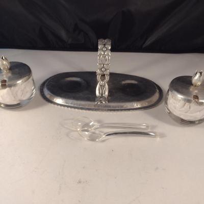 Vintage Pressed Metal and Glass Condiment Caddy