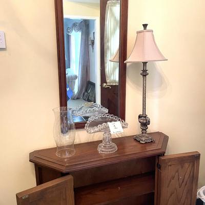 Sale Photo Thumbnail #1: Entry Cabinet with 1 shelf, MCM Mirror, Lamp and Glass Items - 5 items 