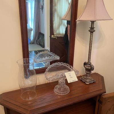 Sale Photo Thumbnail #2: Entry Cabinet with 1 shelf, MCM Mirror, Lamp and Glass Items - 5 items 