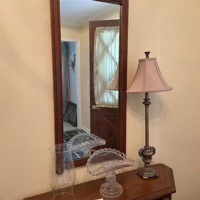 Sale Photo Thumbnail #3: Entry Cabinet with 1 shelf, MCM Mirror, Lamp and Glass Items - 5 items 