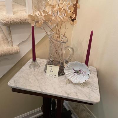 Sale Photo Thumbnail #6: Marble Top Table with Crystal Pitcher, Glass Candle Holders & decorative piece  5 items 