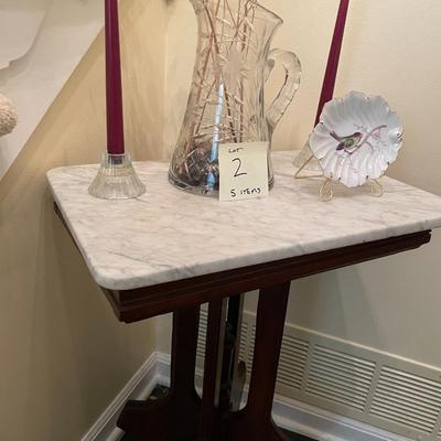 Sale Photo Thumbnail #7: Marble Top Table with Crystal Pitcher, Glass Candle Holders & decorative piece  5 items 