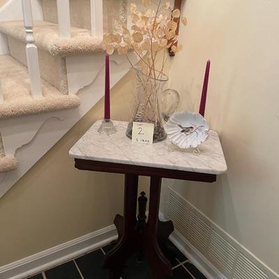 Sale Photo Thumbnail #5: Marble Top Table with Crystal Pitcher, Glass Candle Holders & decorative piece  5 items 