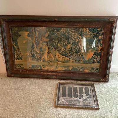Sale Photo Thumbnail #17: 1 Large Lithograph (Daybreak by Maxfield Parish), 1 small lithograph by Mafield Parish), 2 additional prints, 2 girl figurine and gold shelf - 5 items 