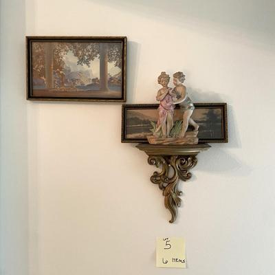 Sale Photo Thumbnail #16: 1 Large Lithograph (Daybreak by Maxfield Parish), 1 small lithograph by Mafield Parish), 2 additional prints, 2 girl figurine and gold shelf - 5 items 