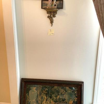 Sale Photo Thumbnail #15: 1 Large Lithograph (Daybreak by Maxfield Parish), 1 small lithograph by Mafield Parish), 2 additional prints, 2 girl figurine and gold shelf - 5 items 