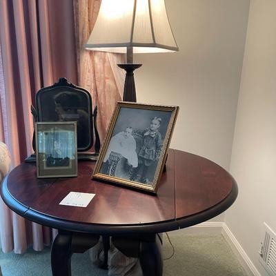 Sale Photo Thumbnail #23: Drop Leaf Side Table with Lamp and 3 Vintage framed photographs. 