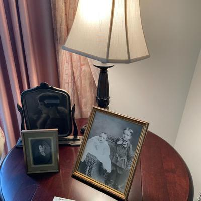 Sale Photo Thumbnail #22: Drop Leaf Side Table with Lamp and 3 Vintage framed photographs. 