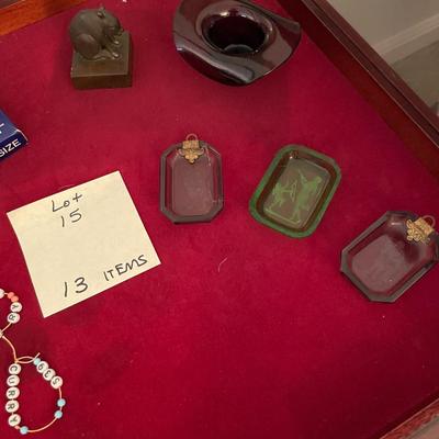 Sale Photo Thumbnail #46: Display Cabinet with salt cellars, eastern airlines playing cards, baby bracelets and assortment of glass & ceramic - 13 items