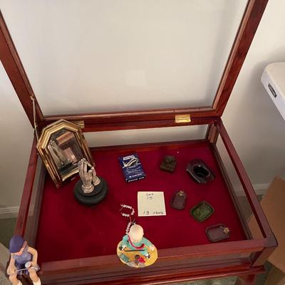 Sale Photo Thumbnail #48: Display Cabinet with salt cellars, eastern airlines playing cards, baby bracelets and assortment of glass & ceramic - 13 items
