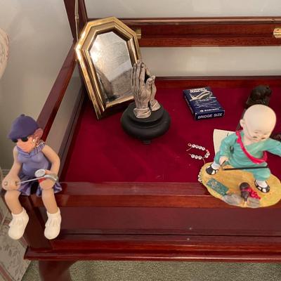 Sale Photo Thumbnail #47: Display Cabinet with salt cellars, eastern airlines playing cards, baby bracelets and assortment of glass & ceramic - 13 items