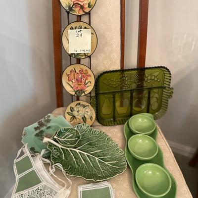 Sale Photo Thumbnail #75: Delightful assortment of decorative plates and serving pieces & small wine related textiles - 16 piece