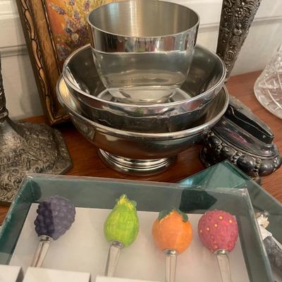 Sale Photo Thumbnail #89: Candle sticks, small oil paints and silver tone lighter and serving pieces 11 items 