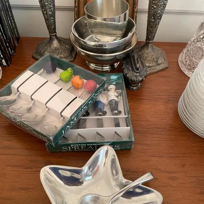 Sale Photo Thumbnail #88: Candle sticks, small oil paints and silver tone lighter and serving pieces 11 items 