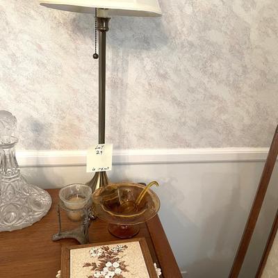 Sale Photo Thumbnail #94: Tall lamp, MCM trivets, amber relish dish with server - 6 itmes 
