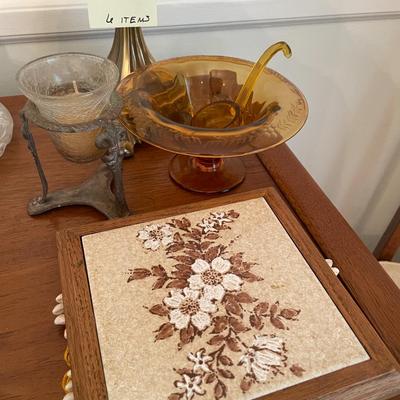 Sale Photo Thumbnail #95: Tall lamp, MCM trivets, amber relish dish with server - 6 itmes 
