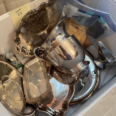 Sale Photo Thumbnail #111: Varied silver plate items, platters, trays, gravy boat and tongs -13 items 