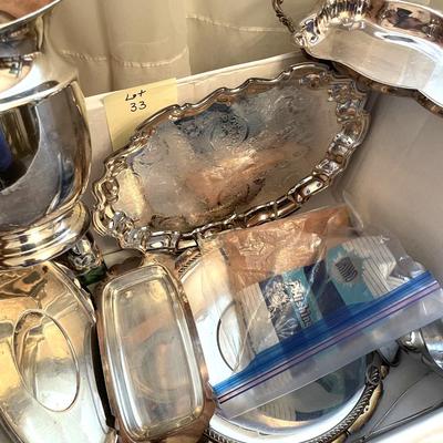 Sale Photo Thumbnail #112: Varied silver plate items, platters, trays, gravy boat and tongs -13 items 