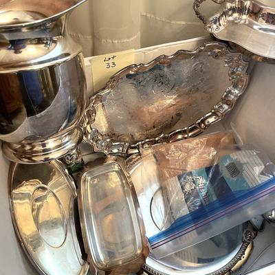 Sale Photo Thumbnail #113: Varied silver plate items, platters, trays, gravy boat and tongs -13 items 