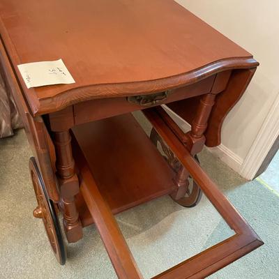 Sale Photo Thumbnail #125: Drop Leaf Early American Wood Serving Cart with 1 drawer and a removal glass serving tray 