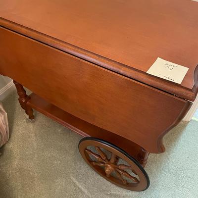 Sale Photo Thumbnail #123: Drop Leaf Early American Wood Serving Cart with 1 drawer and a removal glass serving tray 