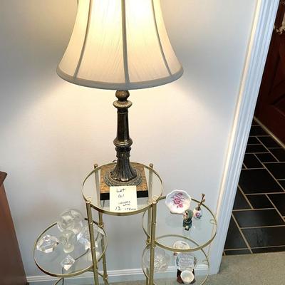 Sale Photo Thumbnail #157: Glass Shelf Unit with lamp and asst glass & ceramif figurines 