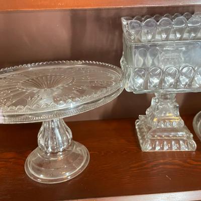 Sale Photo Thumbnail #243: 2 Cake plates, glass fruit basket and fostoria candy dish  and serving dishes - 12 items 