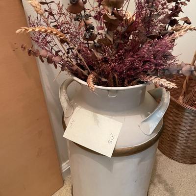 Sale Photo Thumbnail #305: Vintage painted milk can, wick baskets & dried flowers