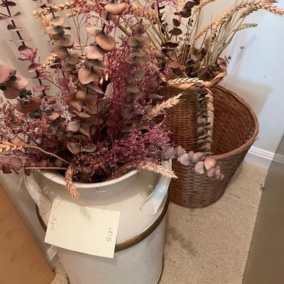 Sale Photo Thumbnail #303: Vintage painted milk can, wick baskets & dried flowers