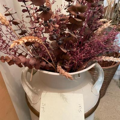 Sale Photo Thumbnail #306: Vintage painted milk can, wick baskets & dried flowers