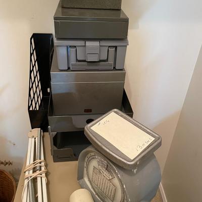 Sale Photo Thumbnail #307: Filing Cabinet, scale, table light, bookends, folder holders 