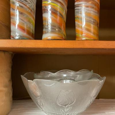 Sale Photo Thumbnail #326: Salad serving set with tray, bowls and plates, plus 3 hand blown glasses