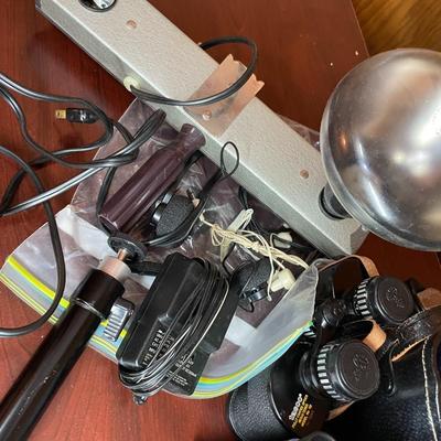 Sale Photo Thumbnail #397: Vintgage Binoculars, 8mm film, Projector screen & ligh