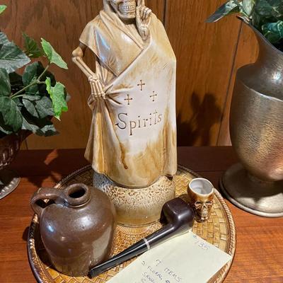 Sale Photo Thumbnail #402: Vintgage Spirits music box, small jug, skelton shot glass, tray and 2 ivy decorative planters 