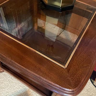 Sale Photo Thumbnail #461: Wood side table with Brass/glass top and a Brass Lamp