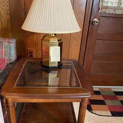 Sale Photo Thumbnail #460: Wood side table with Brass/glass top and a Brass Lamp