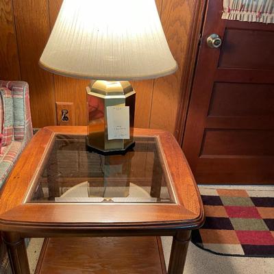 Sale Photo Thumbnail #459: Wood side table with Brass/glass top and a Brass Lamp