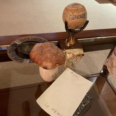 Sale Photo Thumbnail #484: Ashtrays, metal cigarette box, mushroom art, prep league baseball, 