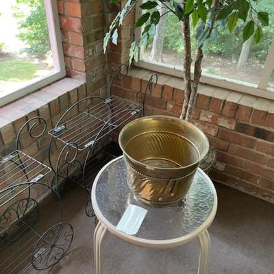 Sale Photo Thumbnail #497: 2 black metal plant stands, outdoor side table, brass container & artificial tree