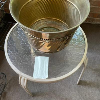 Sale Photo Thumbnail #498: 2 black metal plant stands, outdoor side table, brass container & artificial tree