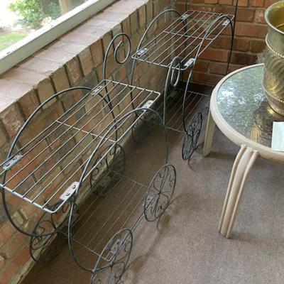 Sale Photo Thumbnail #499: 2 black metal plant stands, outdoor side table, brass container & artificial tree