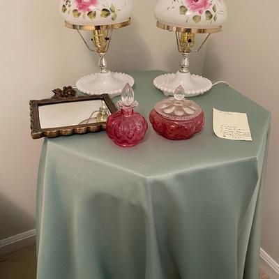 Sale Photo Thumbnail #522: white/pink small hobnail lamps, 2 pink/clear glass dish & perfume bottle, mirror and table