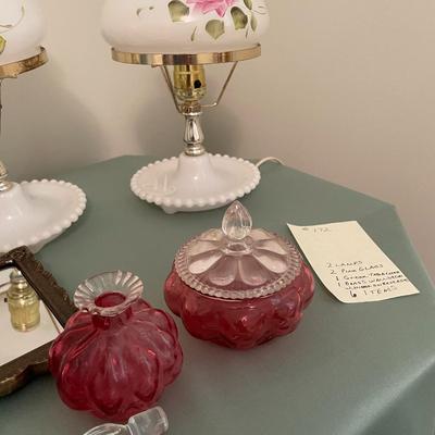 Sale Photo Thumbnail #523: white/pink small hobnail lamps, 2 pink/clear glass dish & perfume bottle, mirror and table