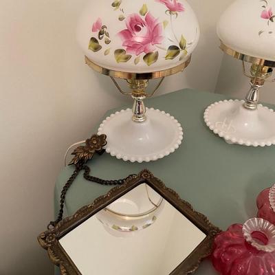 Sale Photo Thumbnail #524: white/pink small hobnail lamps, 2 pink/clear glass dish & perfume bottle, mirror and table