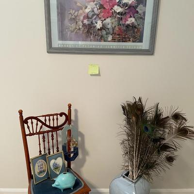 Sale Photo Thumbnail #556: Blue vase with peacock feather, print by Jennifer Pelham, antique chair, piggy bank plus