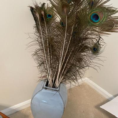 Sale Photo Thumbnail #558: Blue vase with peacock feather, print by Jennifer Pelham, antique chair, piggy bank plus