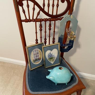 Sale Photo Thumbnail #557: Blue vase with peacock feather, print by Jennifer Pelham, antique chair, piggy bank plus
