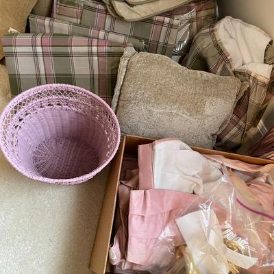 Sale Photo Thumbnail #561: King bedding set, fabric, swag curtain & trash can