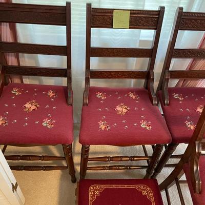 Sale Photo Thumbnail #567: 2 burgandy embroidery matching chairs with footstool